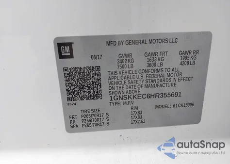 2017 Chevrolet Suburban Commercial Fleet из США, поврежденный, VIN 1GNSKKEC6HR355691